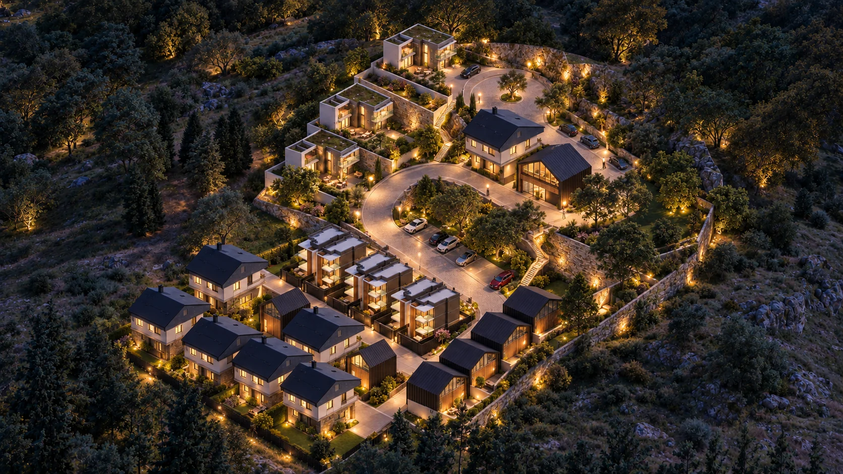 Vista nocturna del conjunto residencial Cruz Alta, con calles y viviendas iluminadas